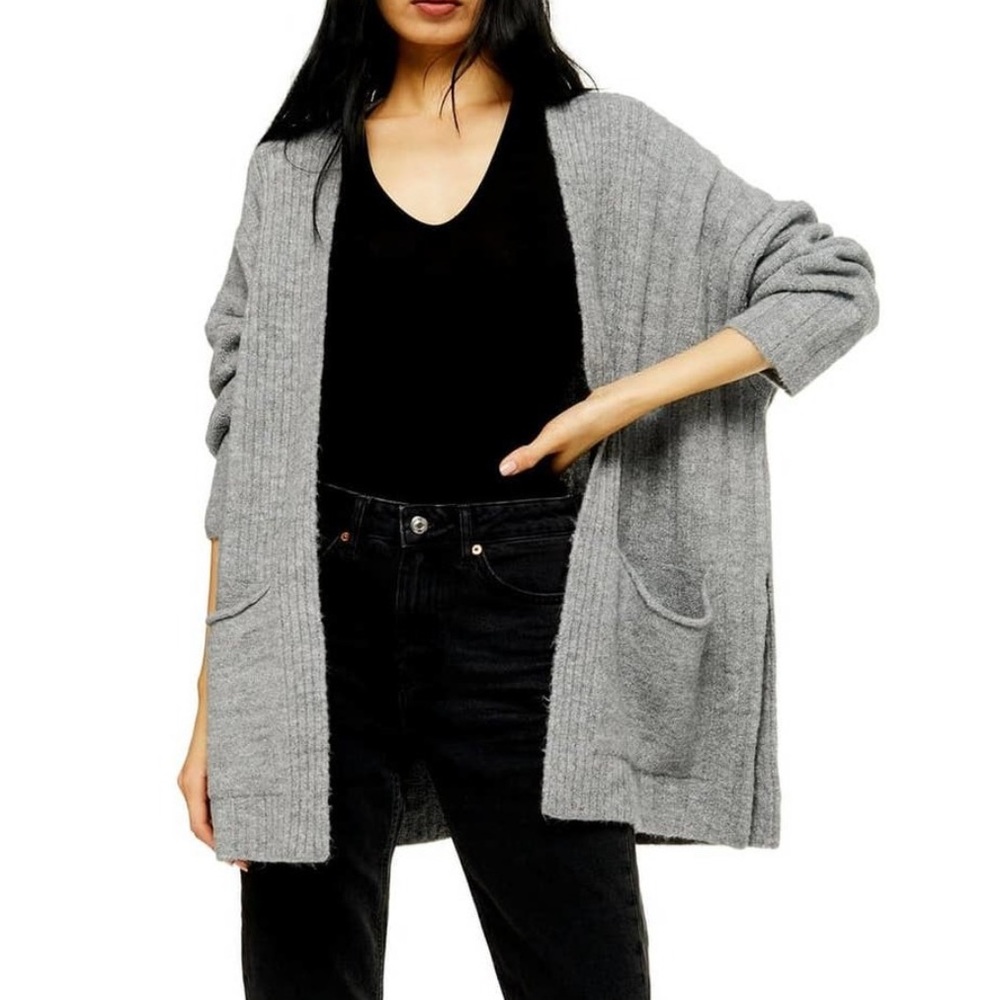 NWOT Topshop Open Oversized Ribbed Cardigan Pockets Boho Stretch Gray Small